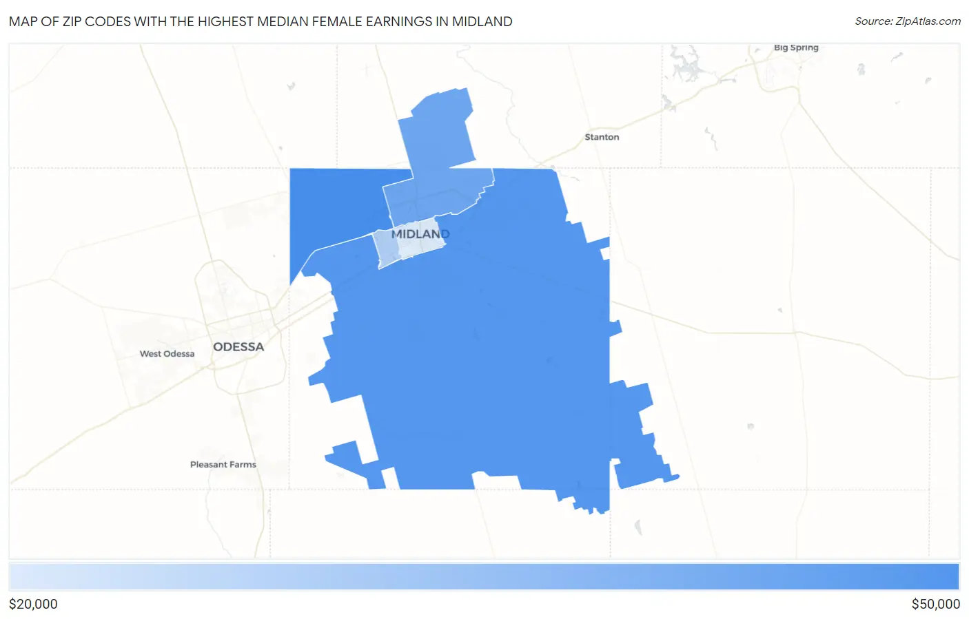 Zip Codes with the Highest Median Female Earnings in Midland Map