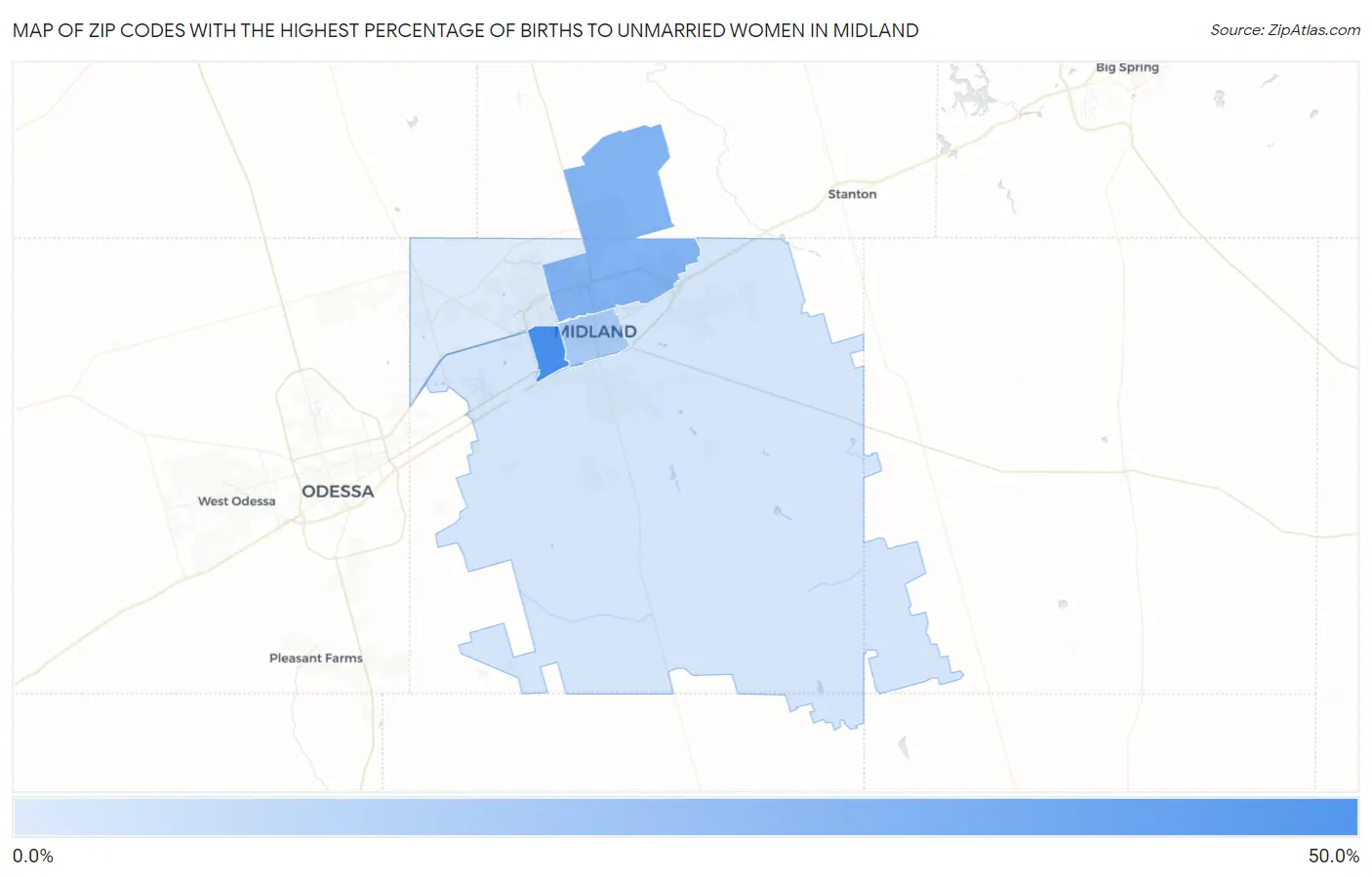 Zip Codes with the Highest Percentage of Births to Unmarried Women in Midland Map