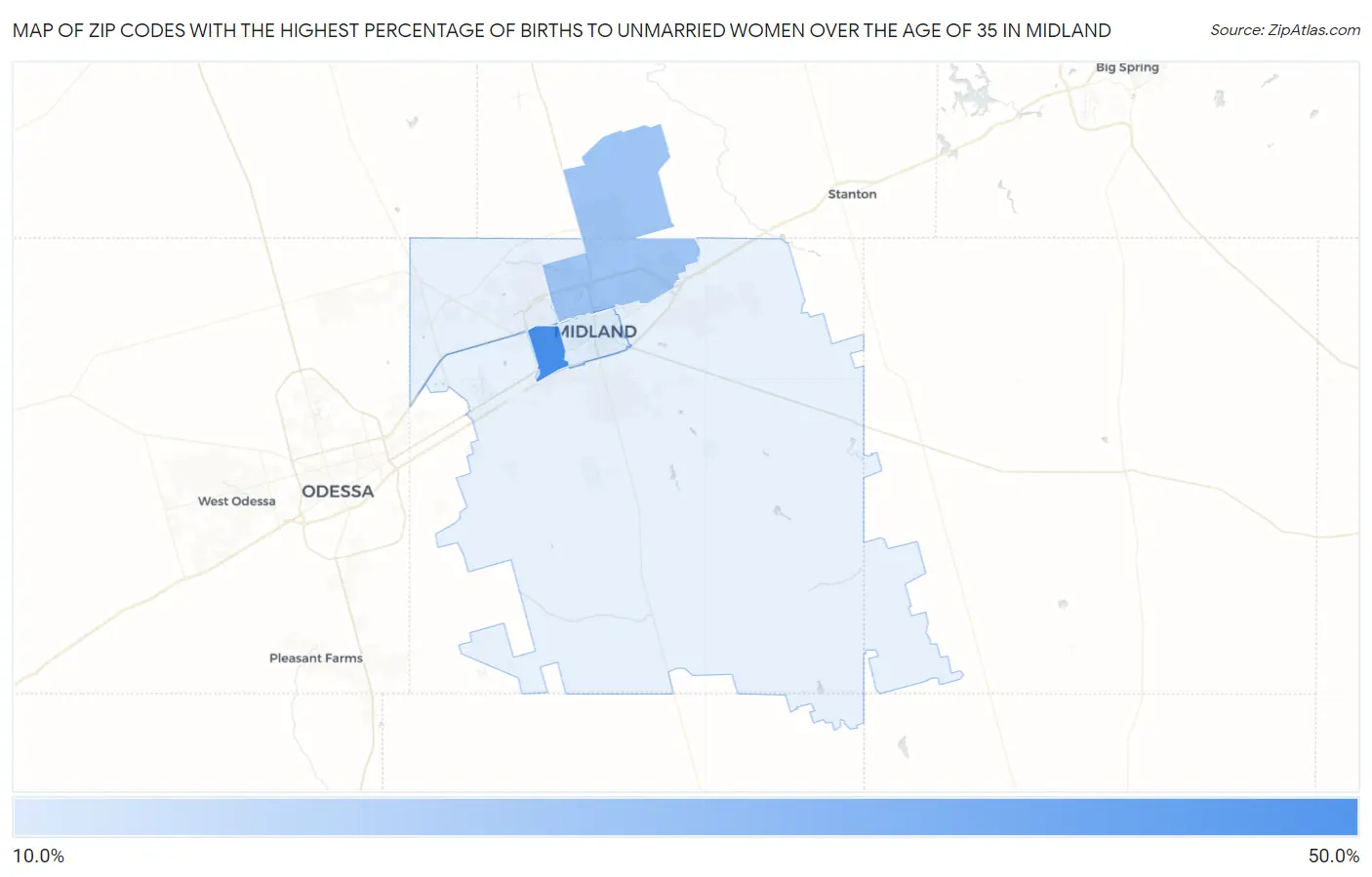 Zip Codes with the Highest Percentage of Births to Unmarried Women over the Age of 35 in Midland Map