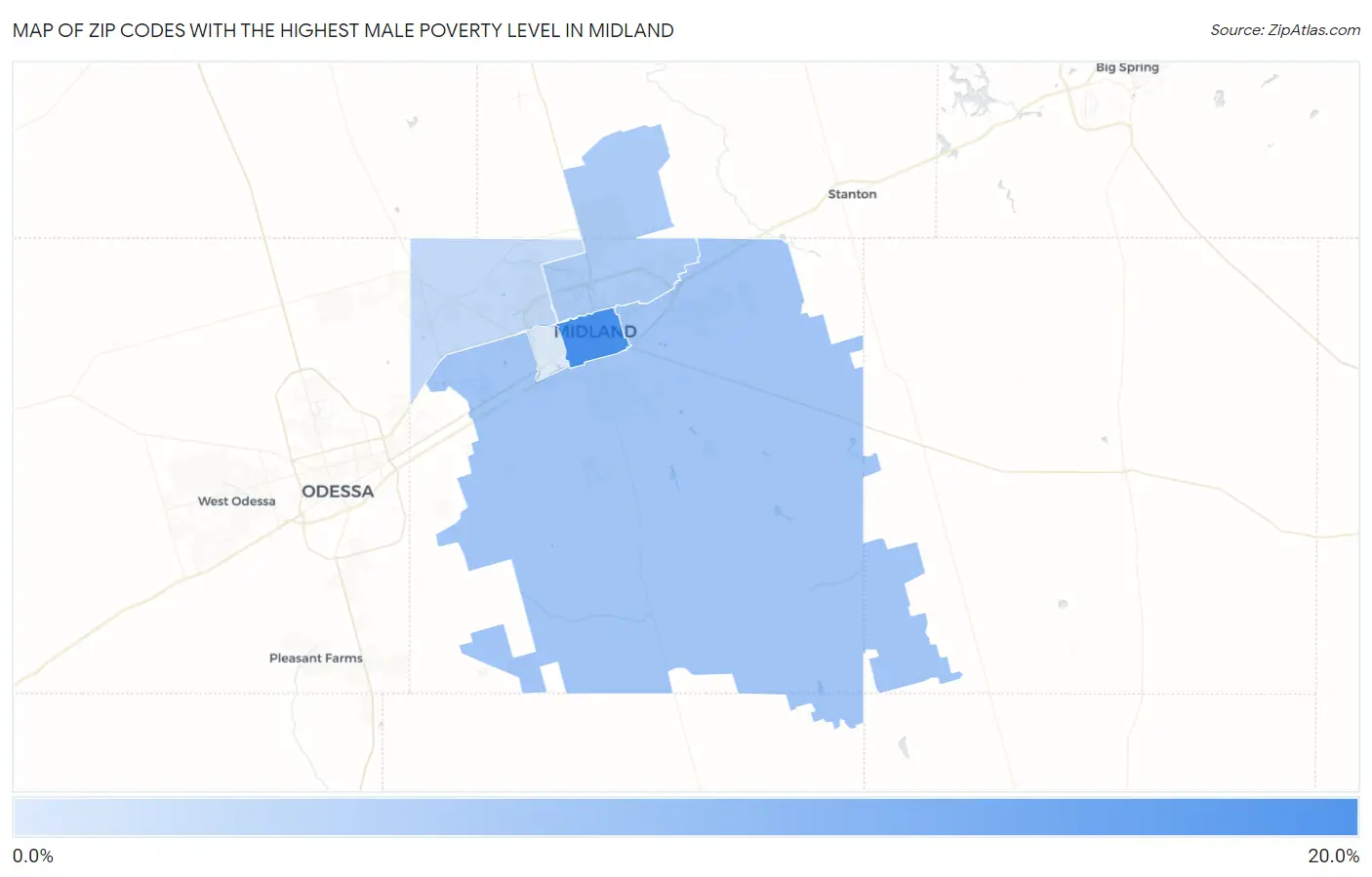 Zip Codes with the Highest Male Poverty Level in Midland Map