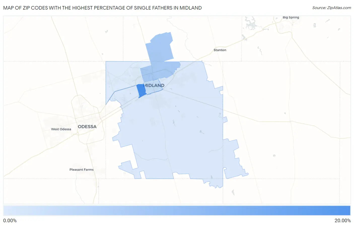 Zip Codes with the Highest Percentage of Single Fathers in Midland Map