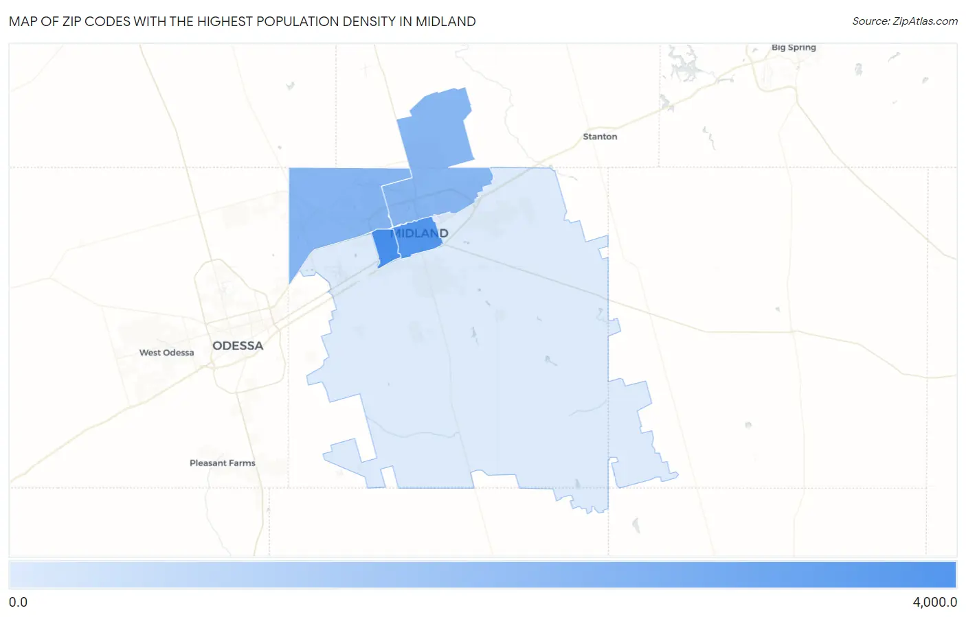 Zip Codes with the Highest Population Density in Midland Map