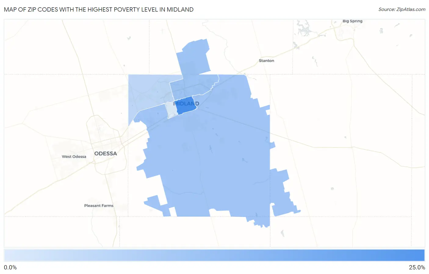 Zip Codes with the Highest Poverty Level in Midland Map