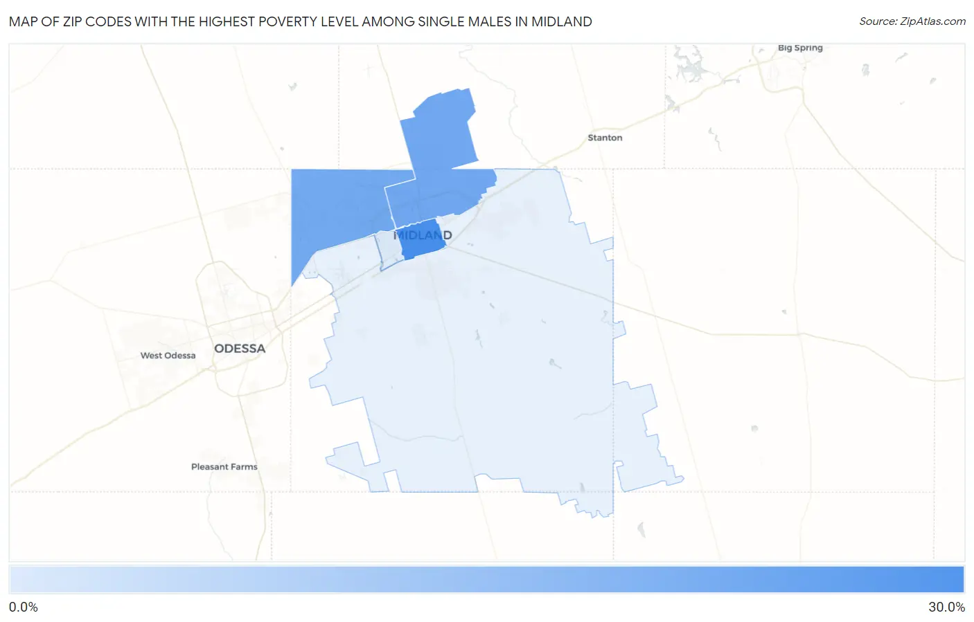 Zip Codes with the Highest Poverty Level Among Single Males in Midland Map