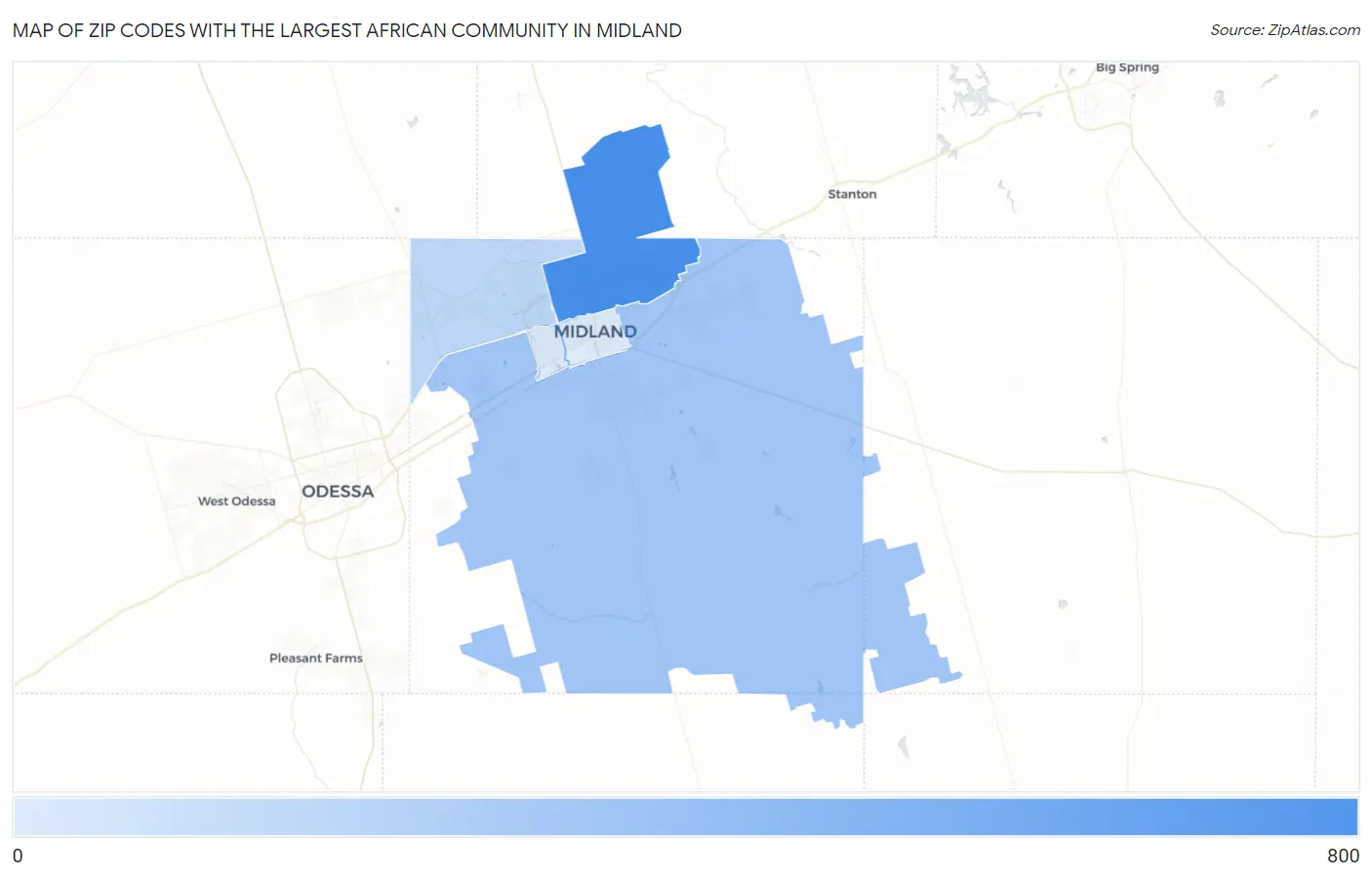 Zip Codes with the Largest African Community in Midland Map