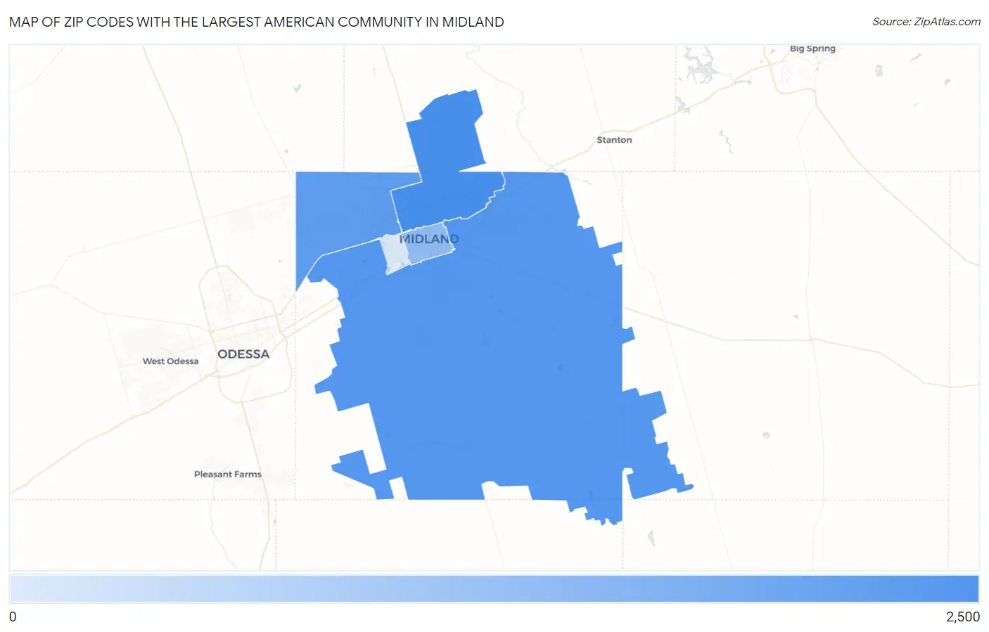 Zip Codes with the Largest American Community in Midland Map