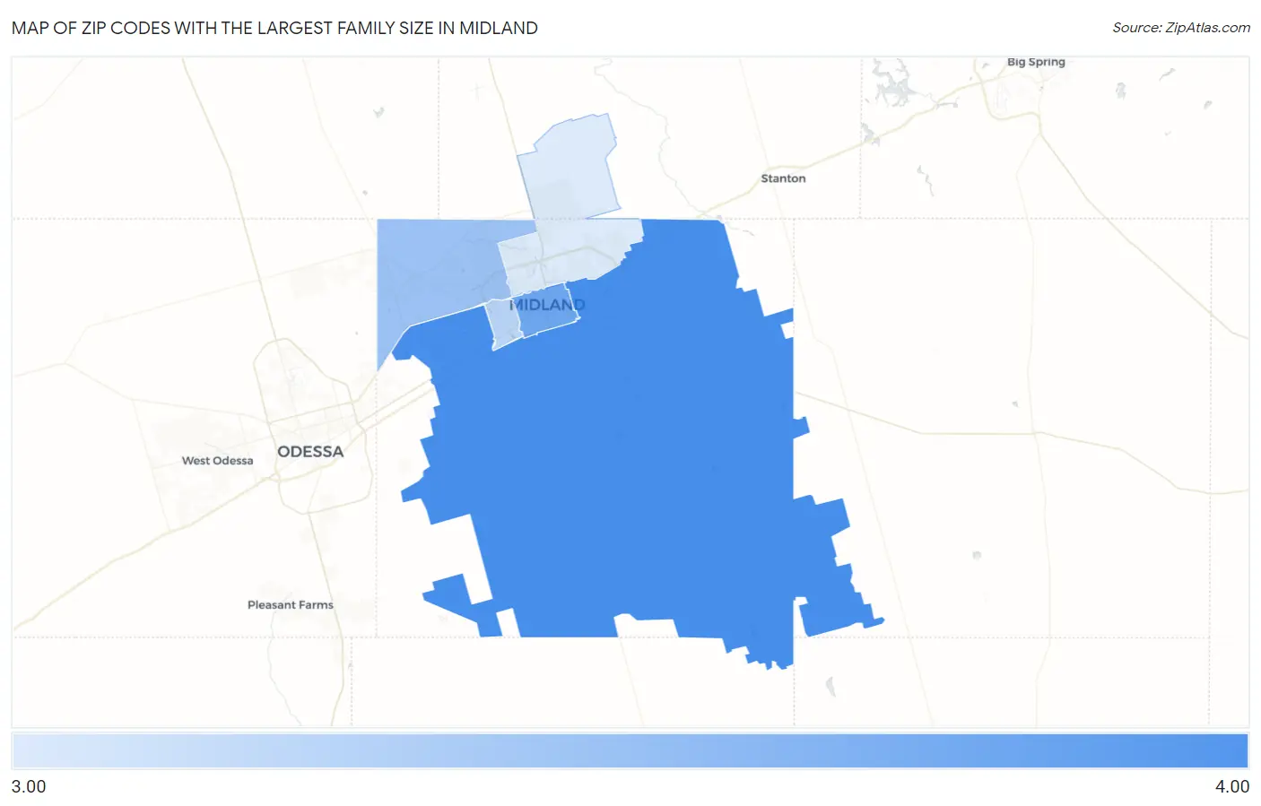 Zip Codes with the Largest Family Size in Midland Map