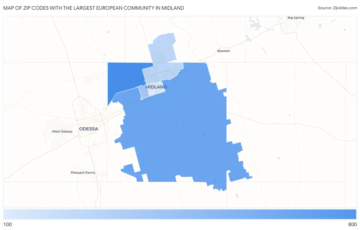 Zip Codes with the Largest European Community in Midland Map
