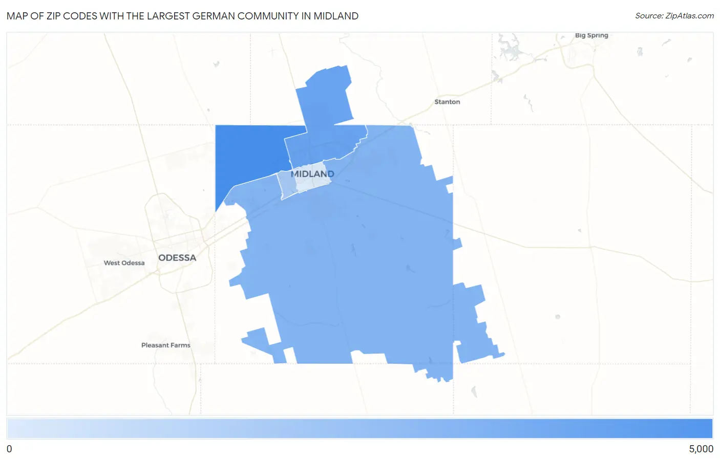 Zip Codes with the Largest German Community in Midland Map