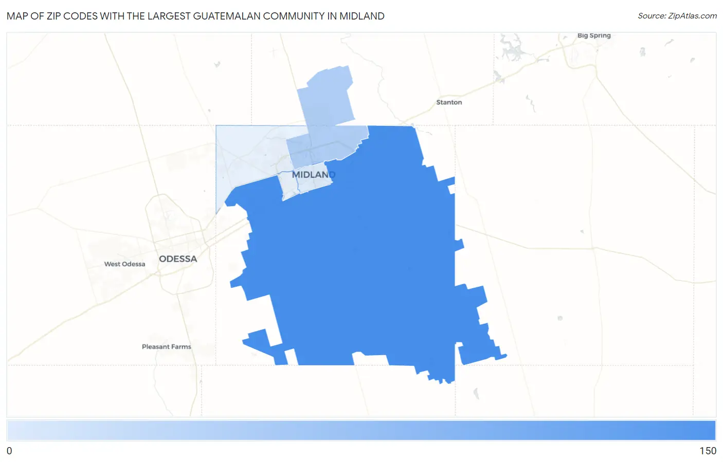 Zip Codes with the Largest Guatemalan Community in Midland Map