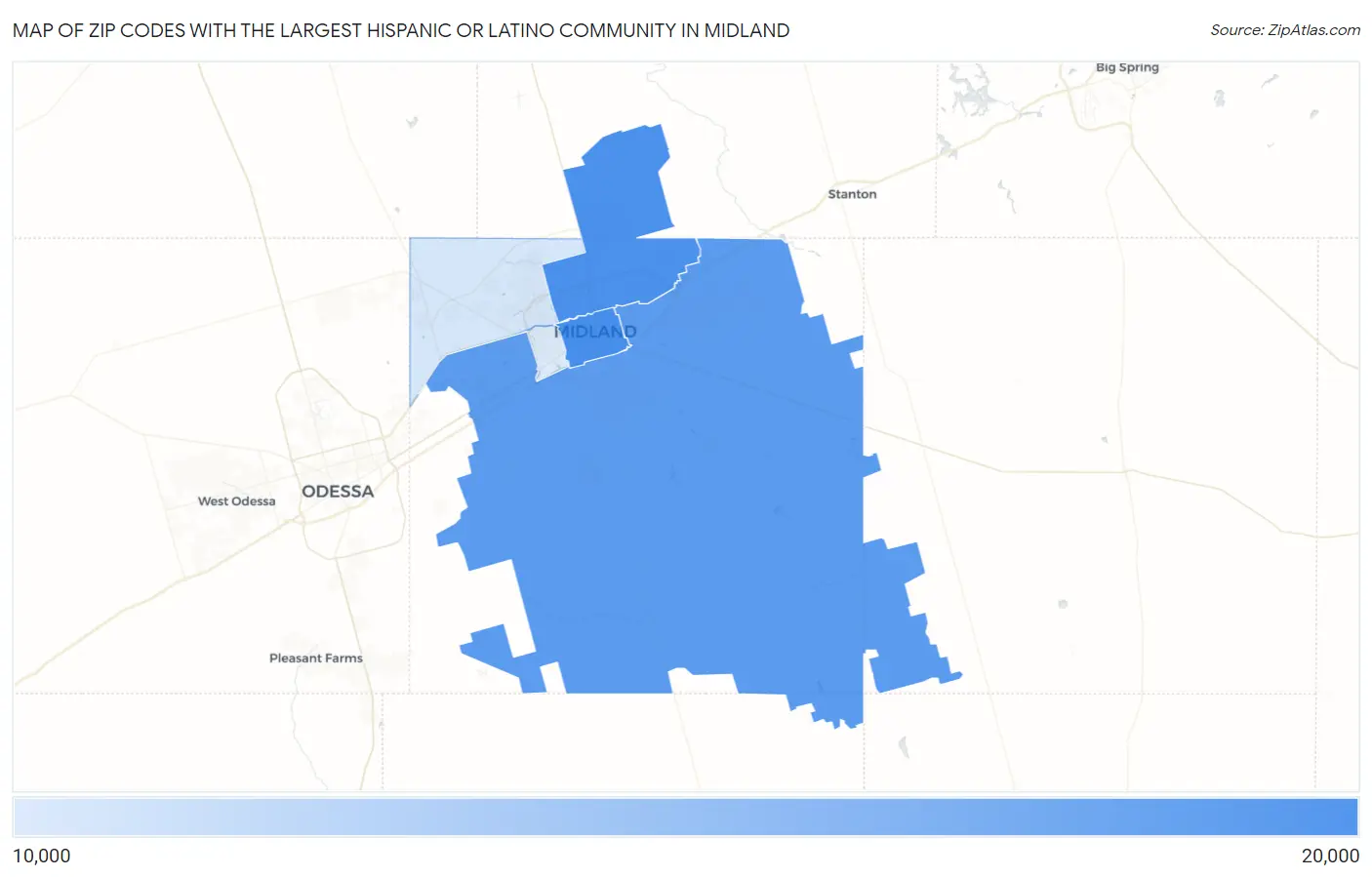 Zip Codes with the Largest Hispanic or Latino Community in Midland Map
