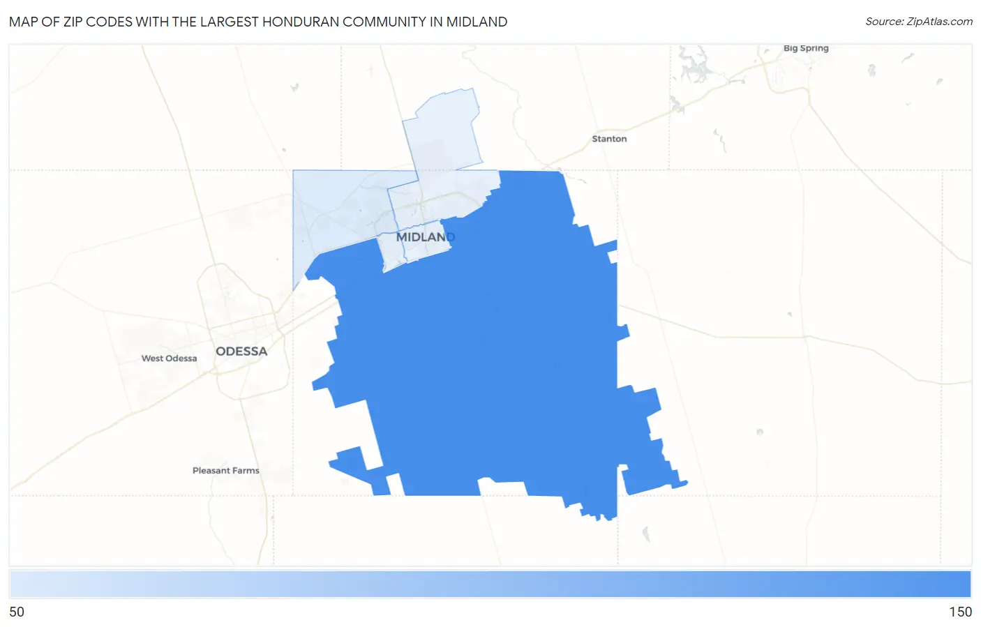 Zip Codes with the Largest Honduran Community in Midland Map