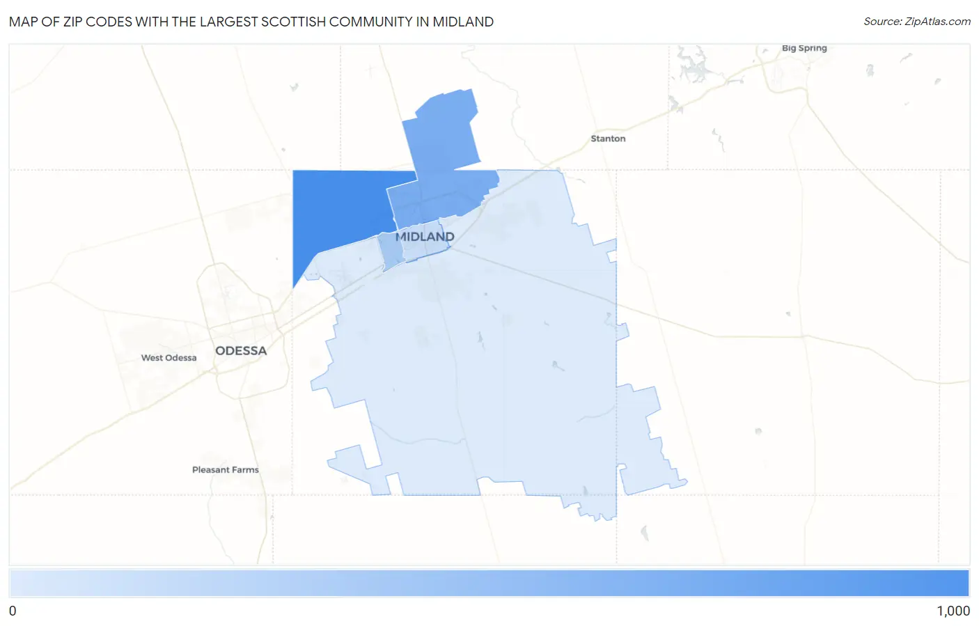 Zip Codes with the Largest Scottish Community in Midland Map