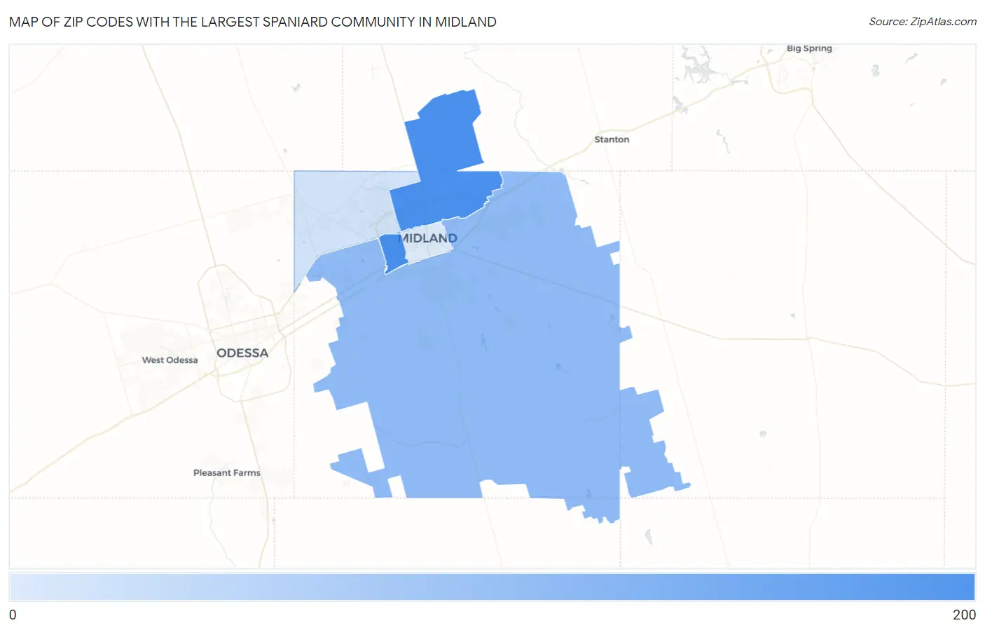 Zip Codes with the Largest Spaniard Community in Midland Map