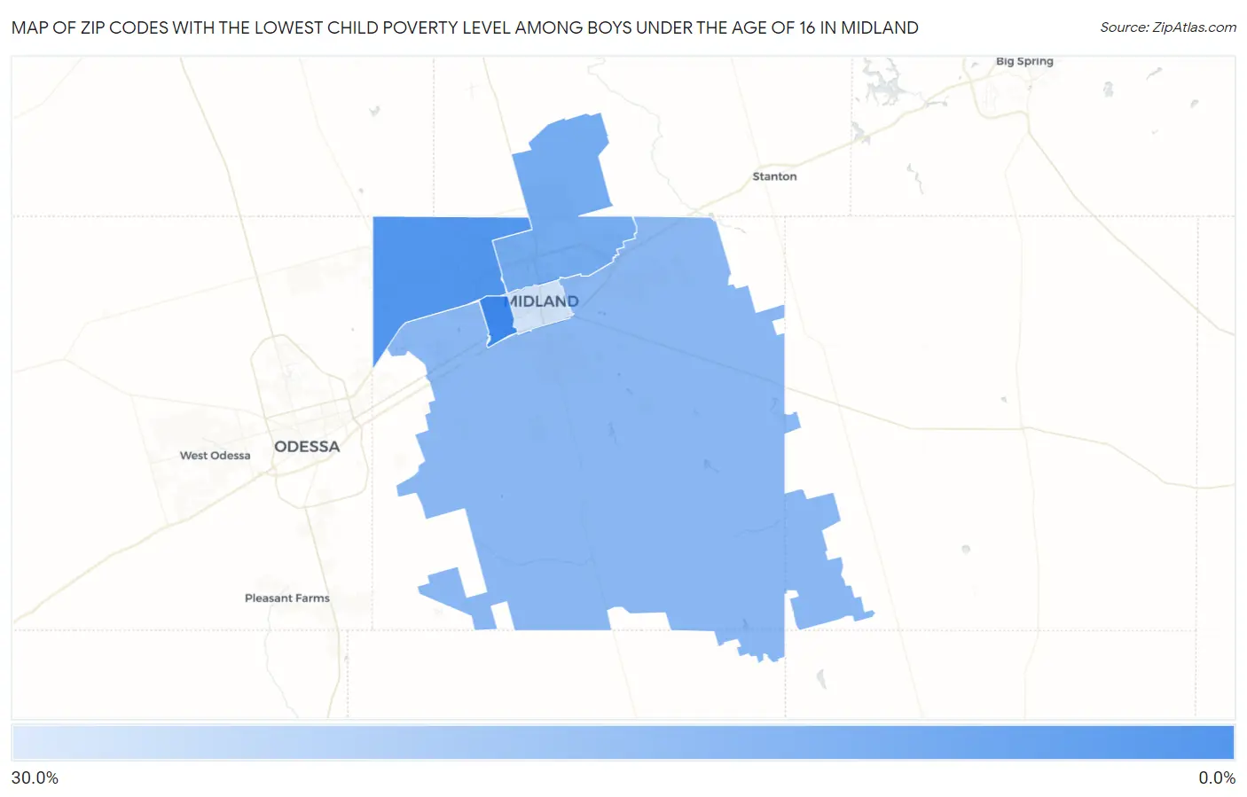 Zip Codes with the Lowest Child Poverty Level Among Boys Under the Age of 16 in Midland Map