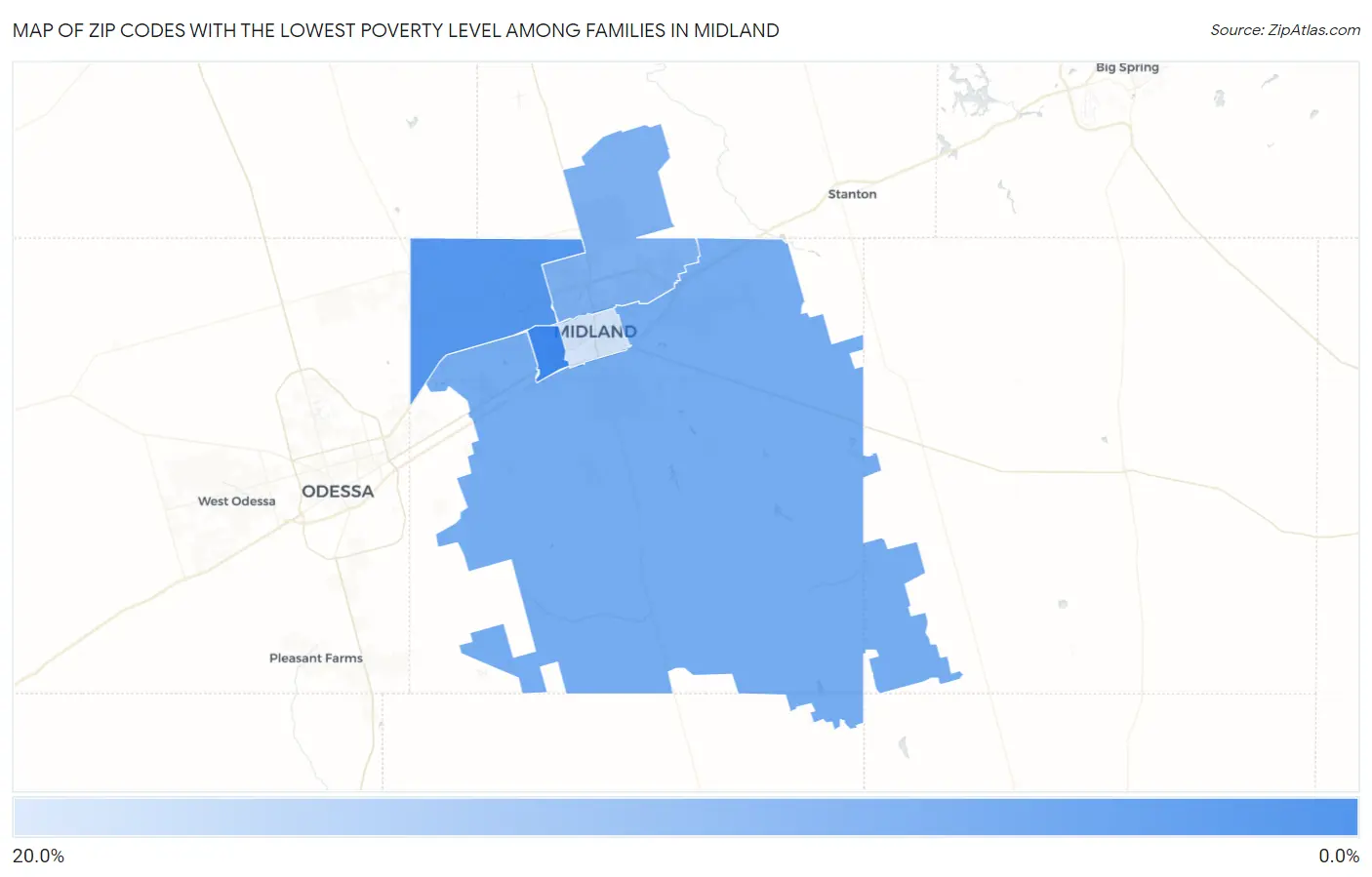 Zip Codes with the Lowest Poverty Level Among Families in Midland Map