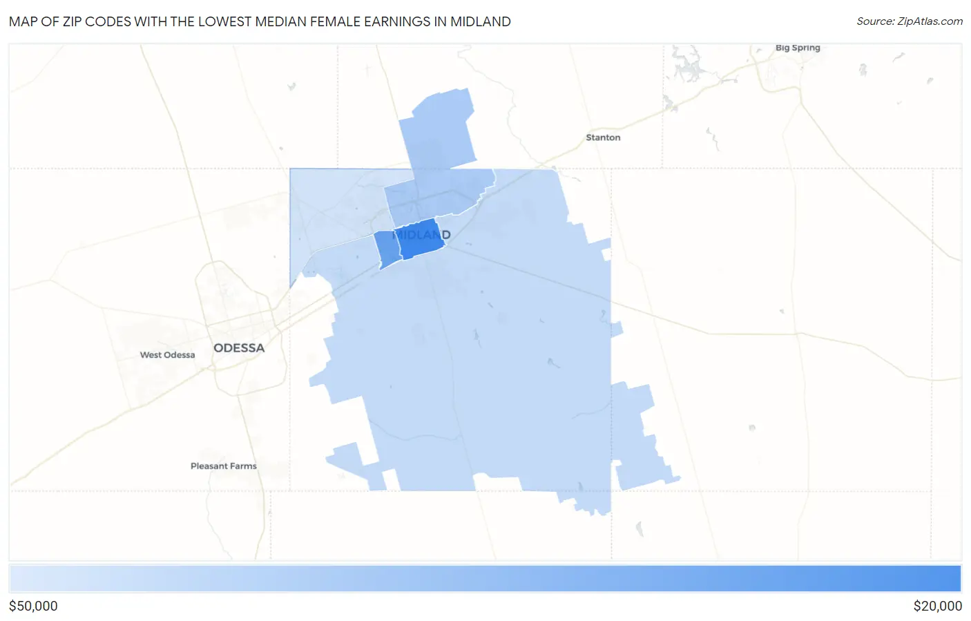 Zip Codes with the Lowest Median Female Earnings in Midland Map