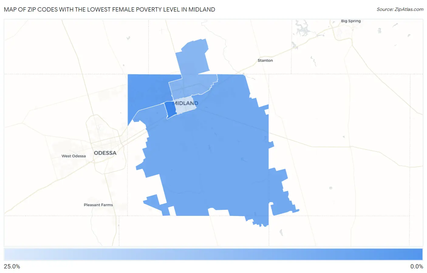 Zip Codes with the Lowest Female Poverty Level in Midland Map