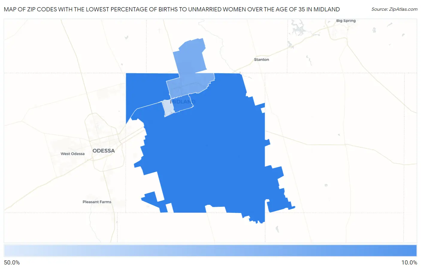 Zip Codes with the Lowest Percentage of Births to Unmarried Women over the Age of 35 in Midland Map