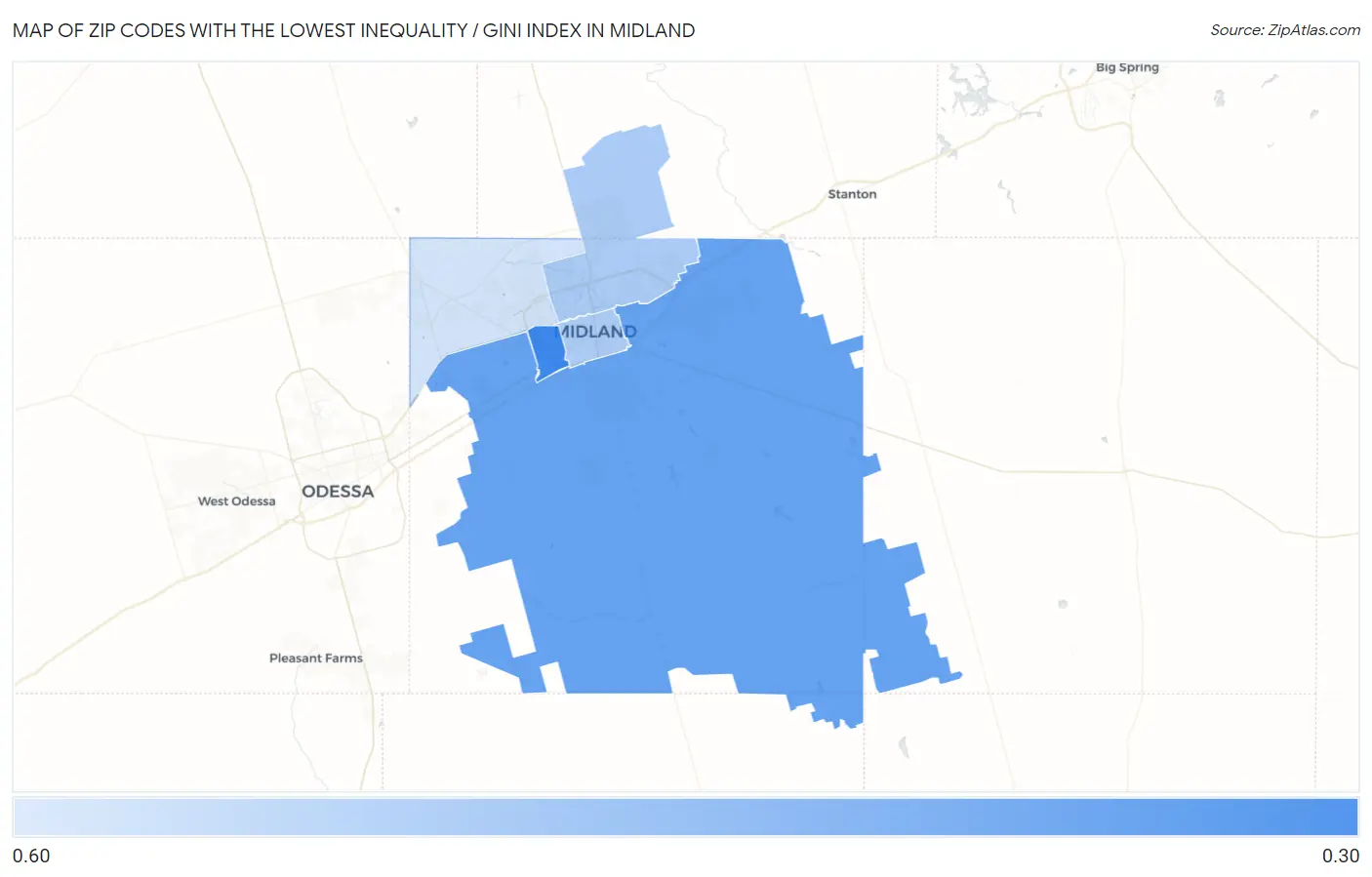 Zip Codes with the Lowest Inequality / Gini Index in Midland Map