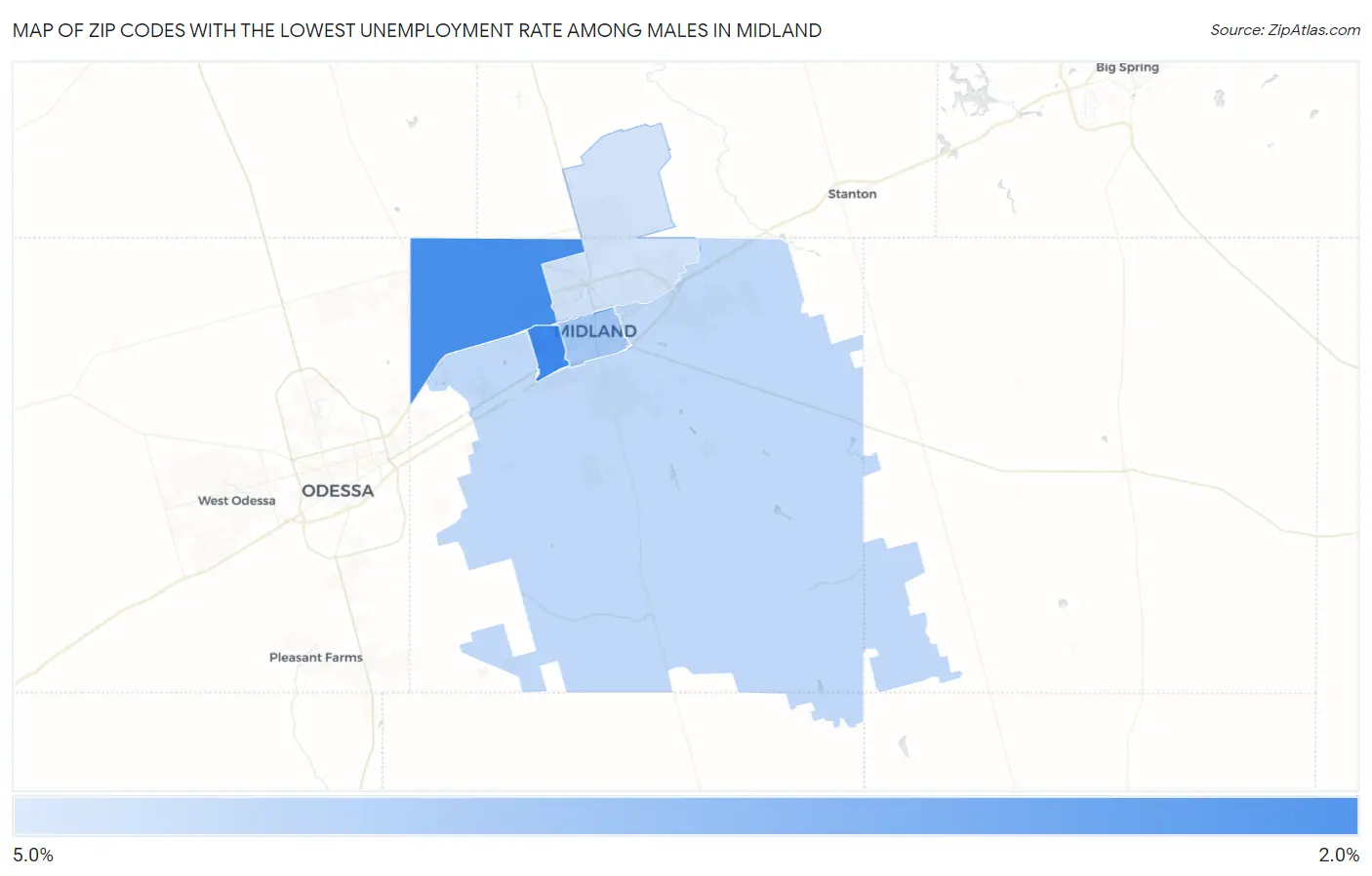 Zip Codes with the Lowest Unemployment Rate Among Males in Midland Map