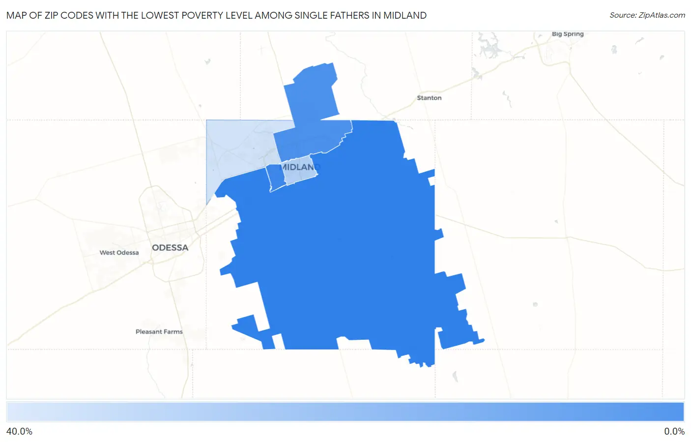 Zip Codes with the Lowest Poverty Level Among Single Fathers in Midland Map