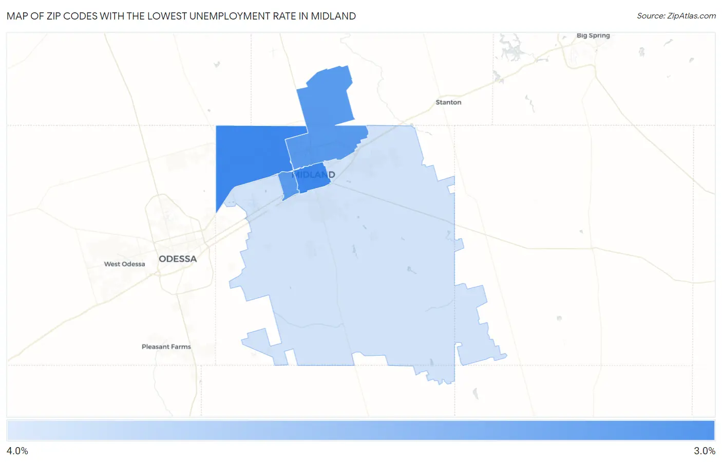 Zip Codes with the Lowest Unemployment Rate in Midland Map