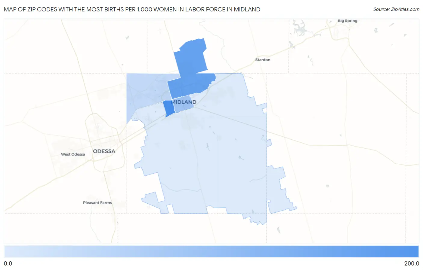 Zip Codes with the Most Births per 1,000 Women in Labor Force in Midland Map