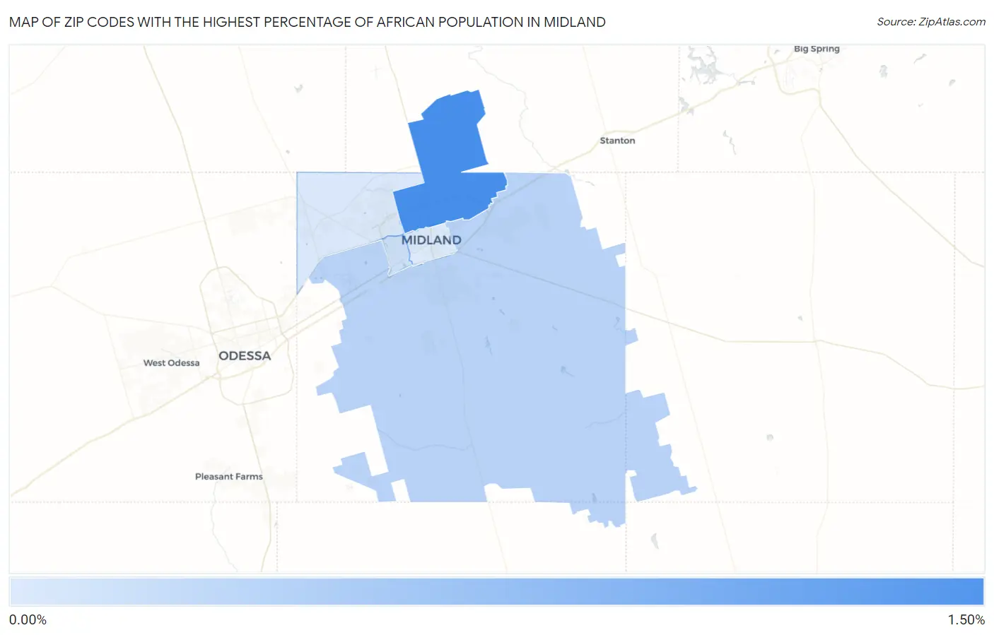 Zip Codes with the Highest Percentage of African Population in Midland Map