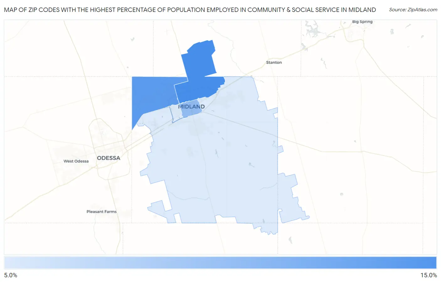 Zip Codes with the Highest Percentage of Population Employed in Community & Social Service  in Midland Map