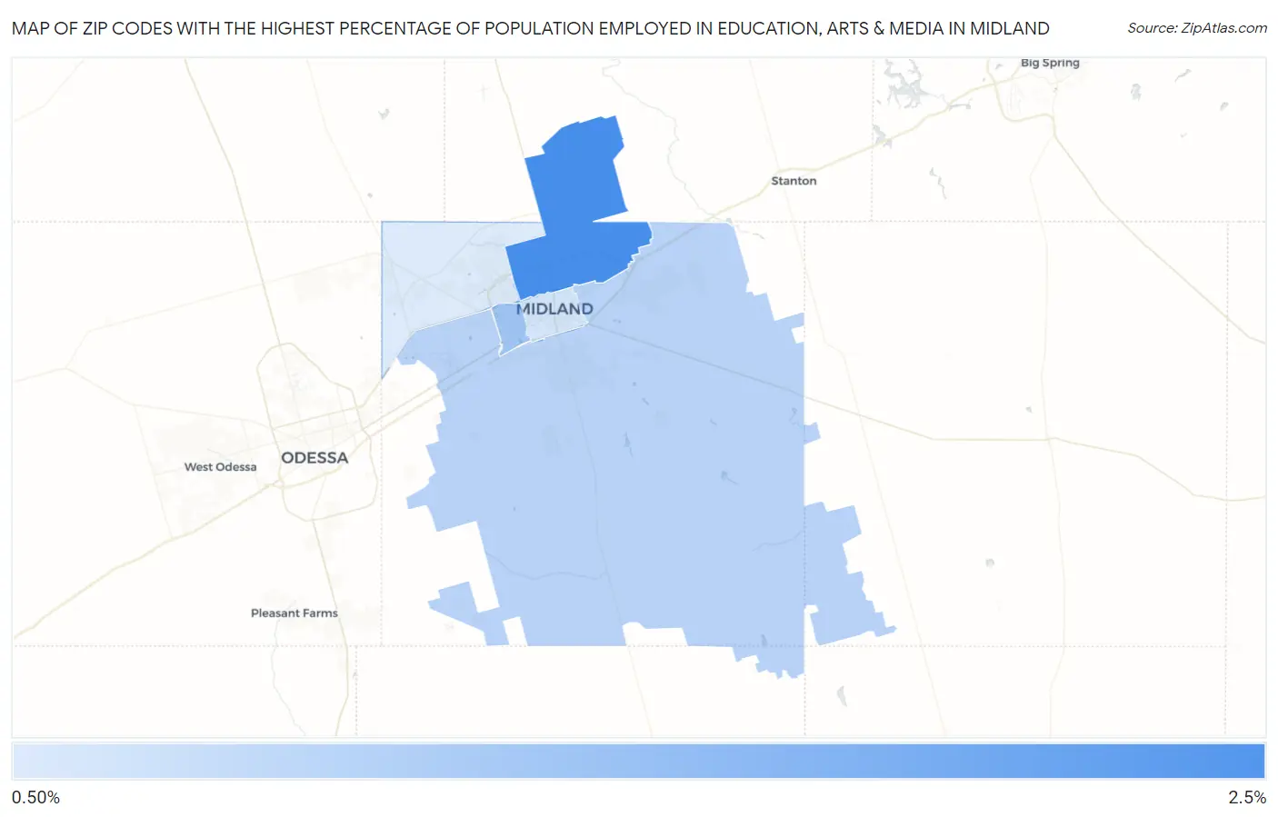 Zip Codes with the Highest Percentage of Population Employed in Education, Arts & Media in Midland Map
