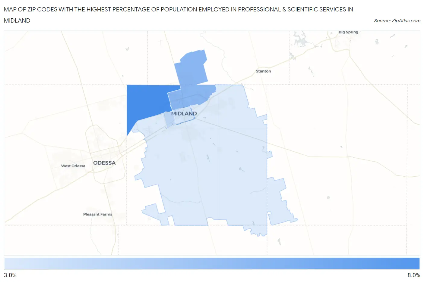 Zip Codes with the Highest Percentage of Population Employed in Professional & Scientific Services in Midland Map