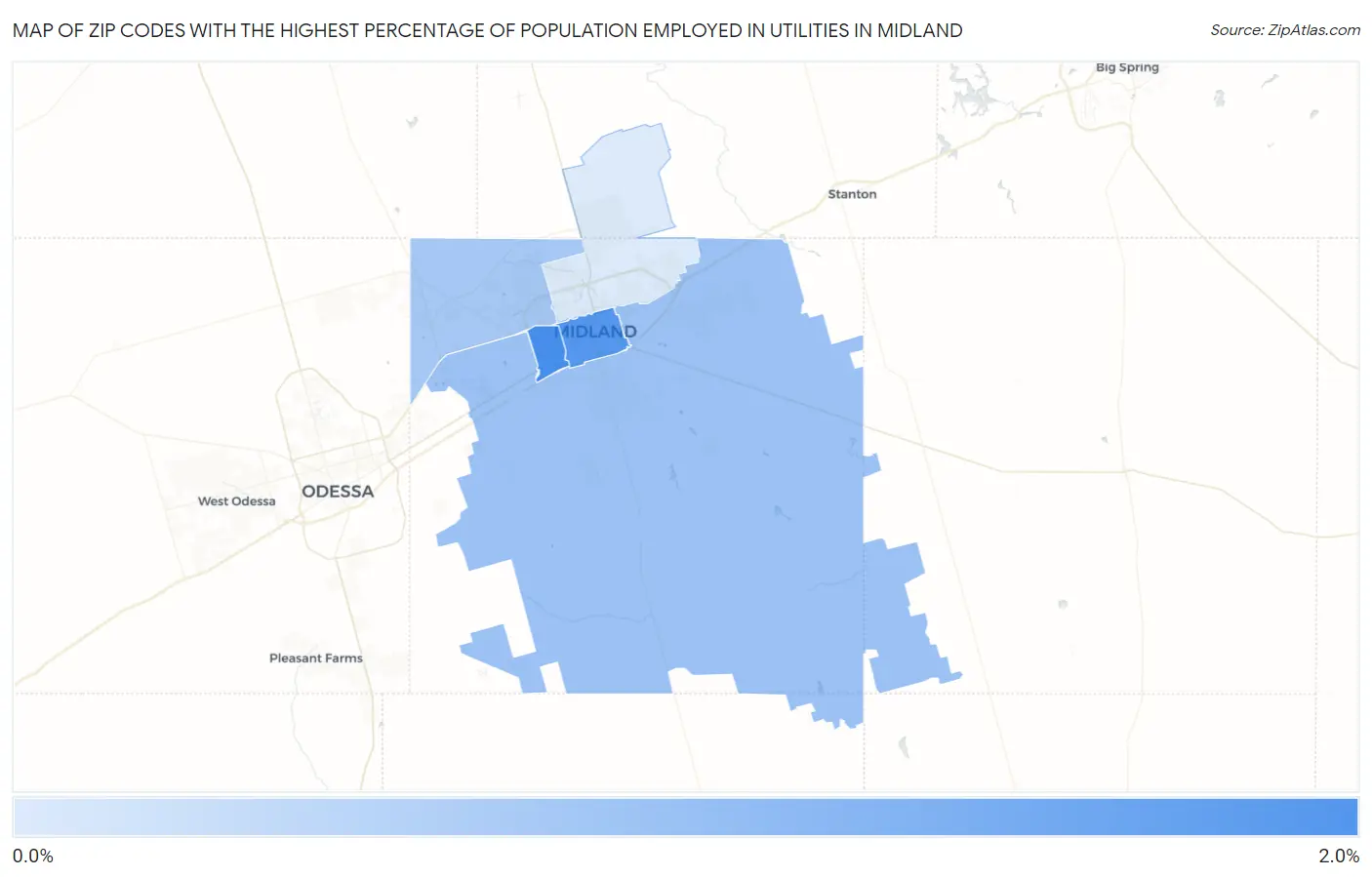 Zip Codes with the Highest Percentage of Population Employed in Utilities in Midland Map