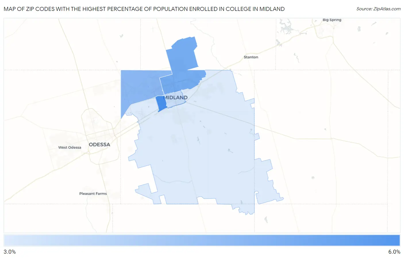 Zip Codes with the Highest Percentage of Population Enrolled in College in Midland Map