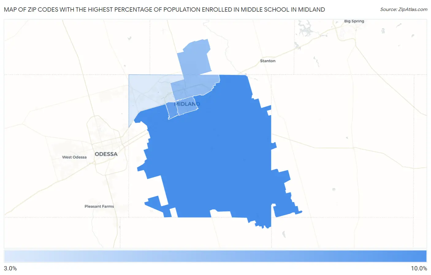 Zip Codes with the Highest Percentage of Population Enrolled in Middle School in Midland Map