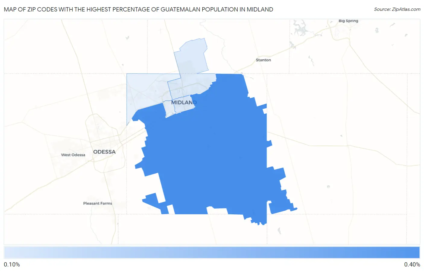 Zip Codes with the Highest Percentage of Guatemalan Population in Midland Map