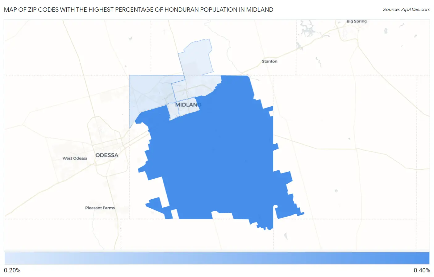 Zip Codes with the Highest Percentage of Honduran Population in Midland Map