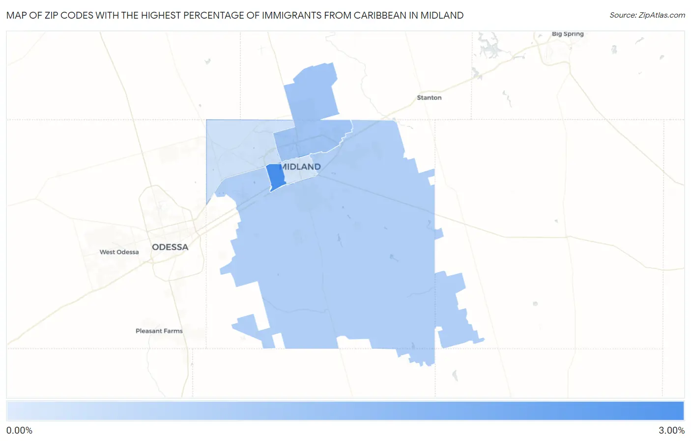 Zip Codes with the Highest Percentage of Immigrants from Caribbean in Midland Map