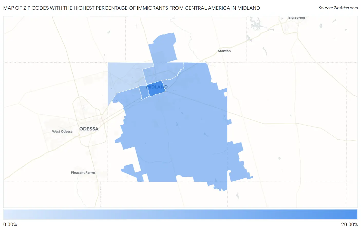 Zip Codes with the Highest Percentage of Immigrants from Central America in Midland Map