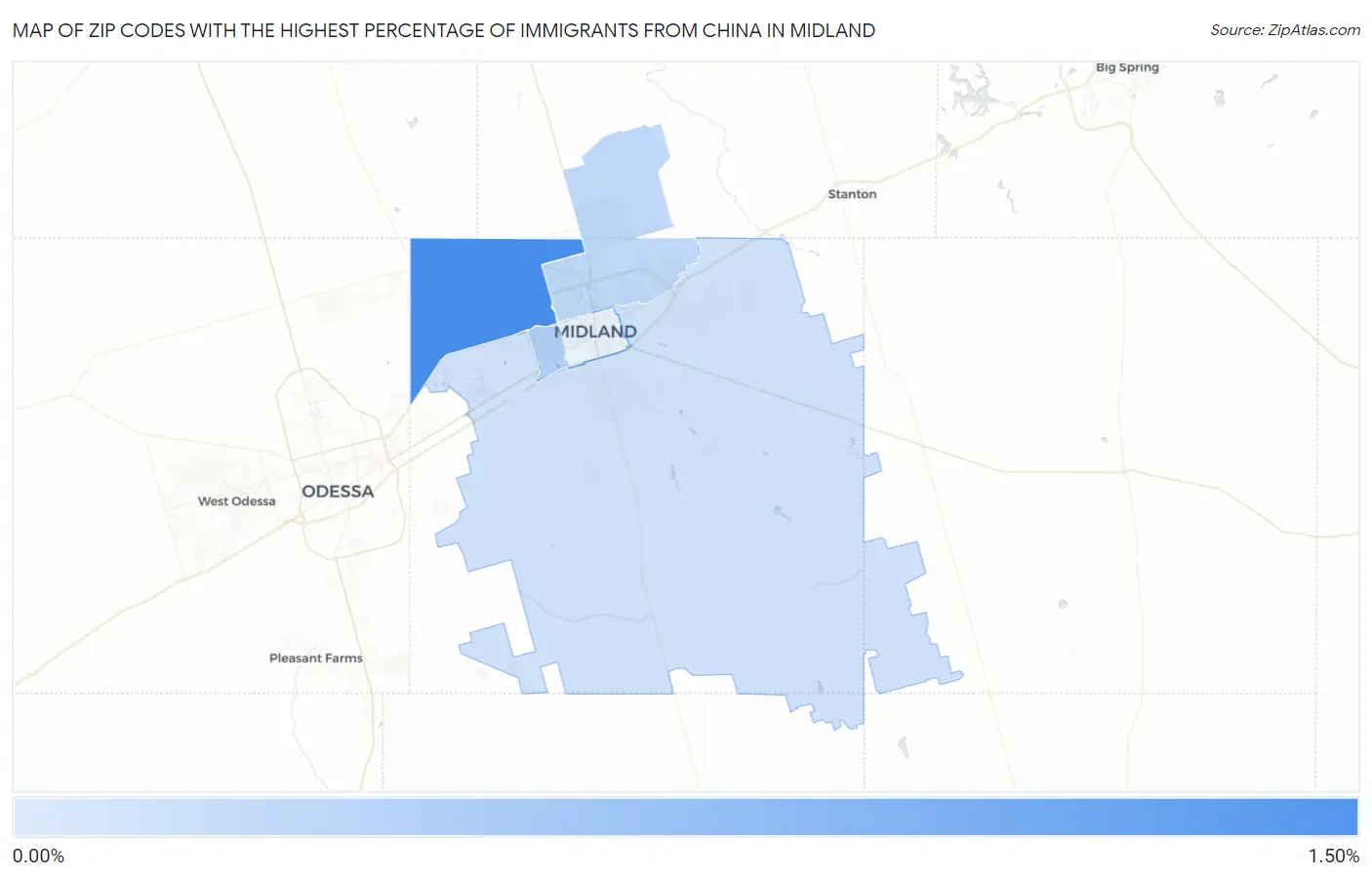 Zip Codes with the Highest Percentage of Immigrants from China in Midland Map