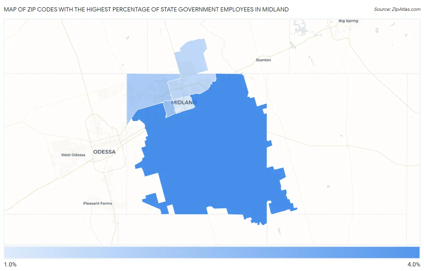 Zip Codes with the Highest Percentage of State Government Employees in Midland Map