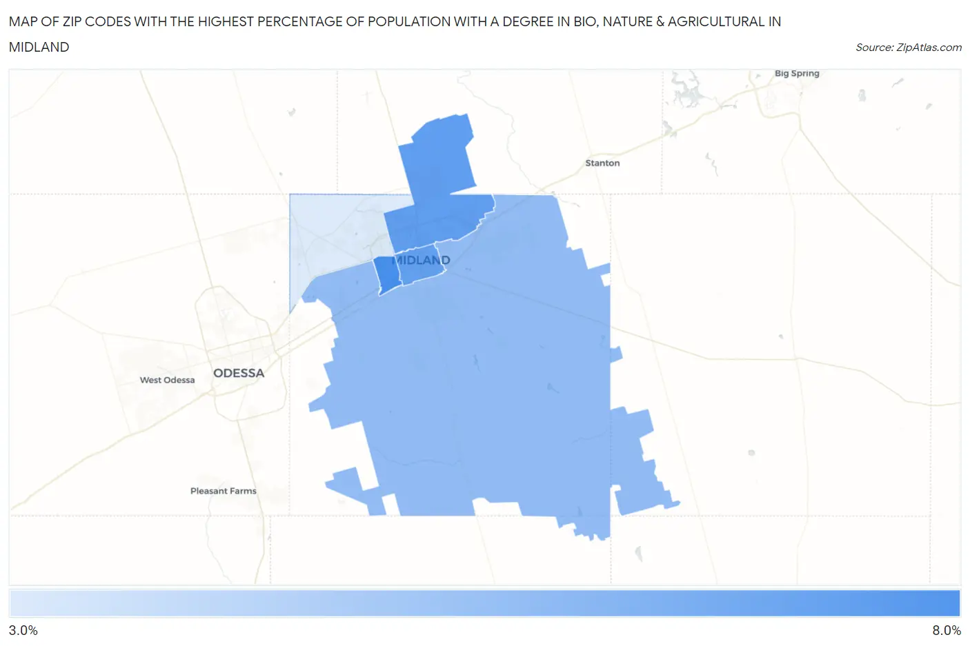 Zip Codes with the Highest Percentage of Population with a Degree in Bio, Nature & Agricultural in Midland Map