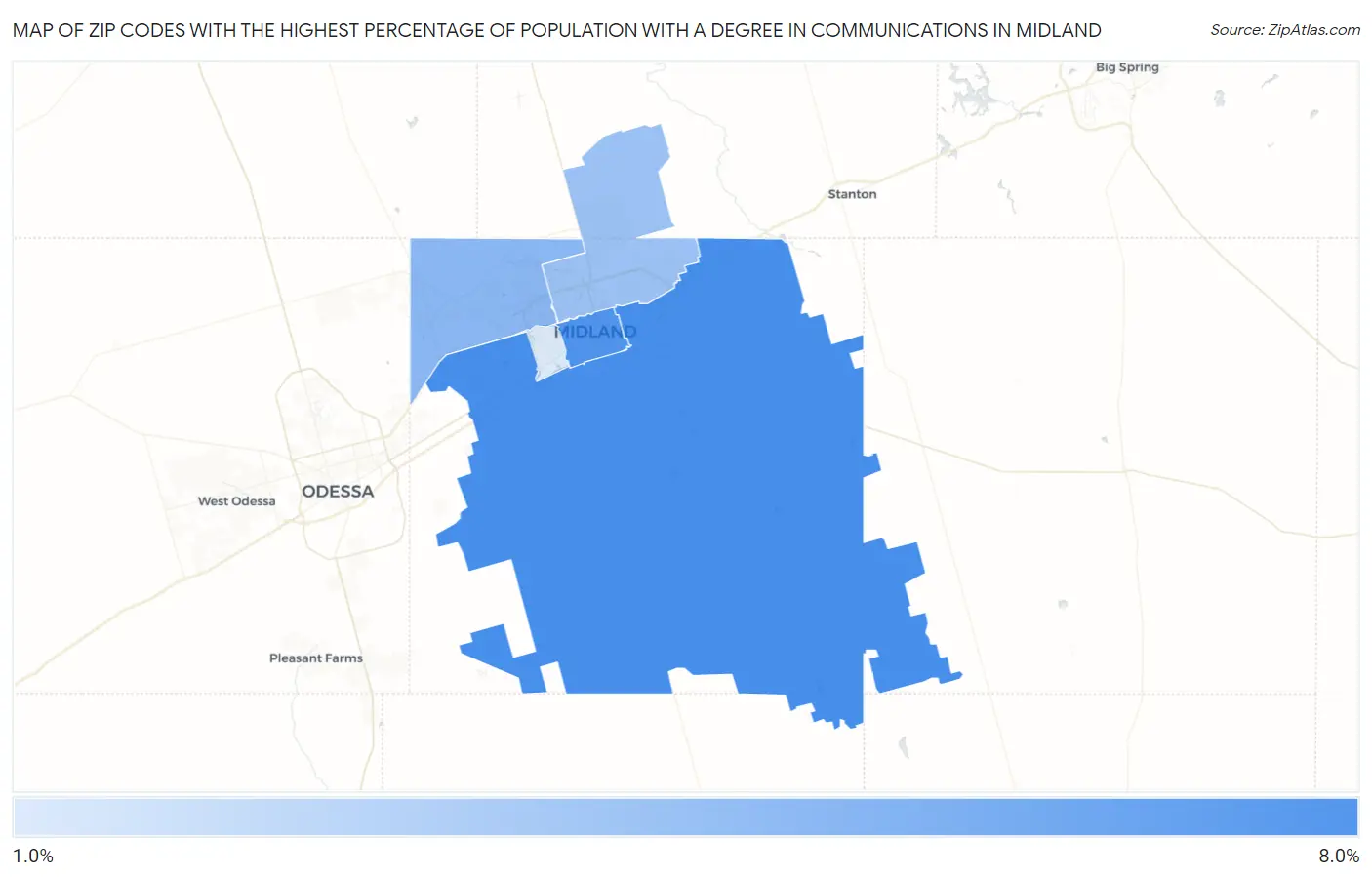 Zip Codes with the Highest Percentage of Population with a Degree in Communications in Midland Map
