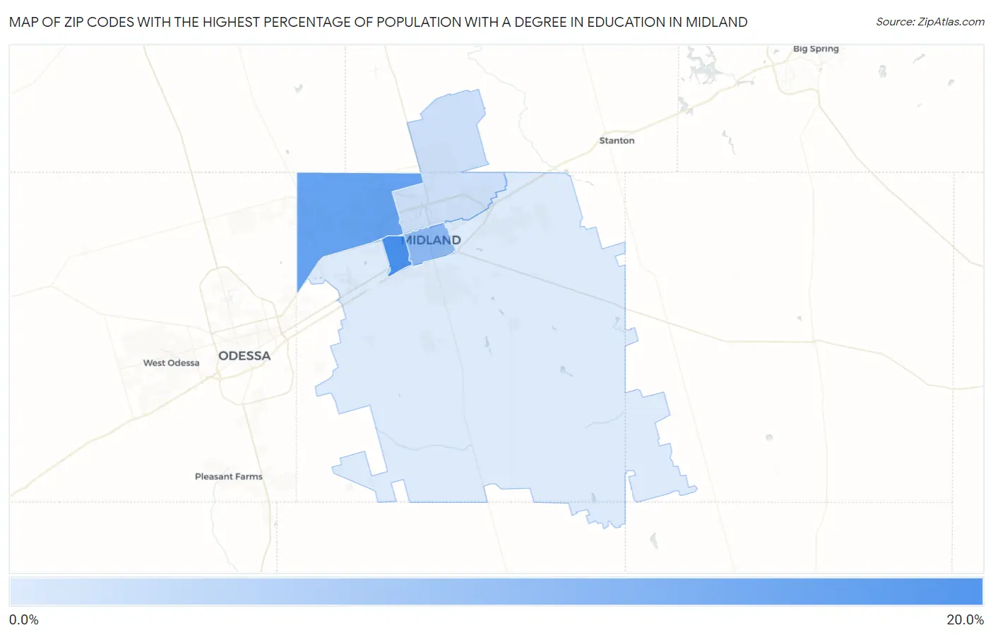 Zip Codes with the Highest Percentage of Population with a Degree in Education in Midland Map