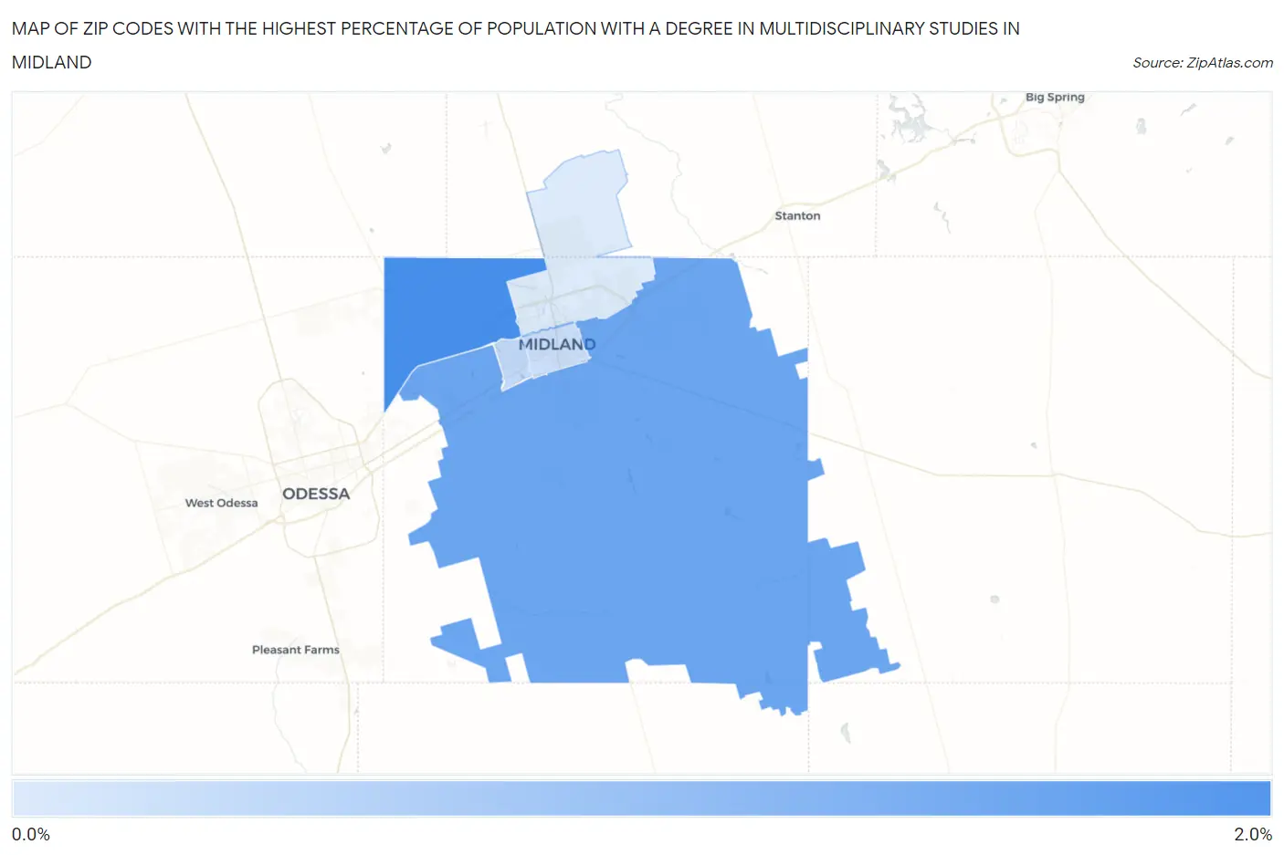 Zip Codes with the Highest Percentage of Population with a Degree in Multidisciplinary Studies in Midland Map