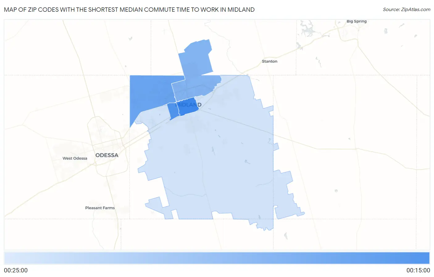 Zip Codes with the Shortest Median Commute Time to Work in Midland Map