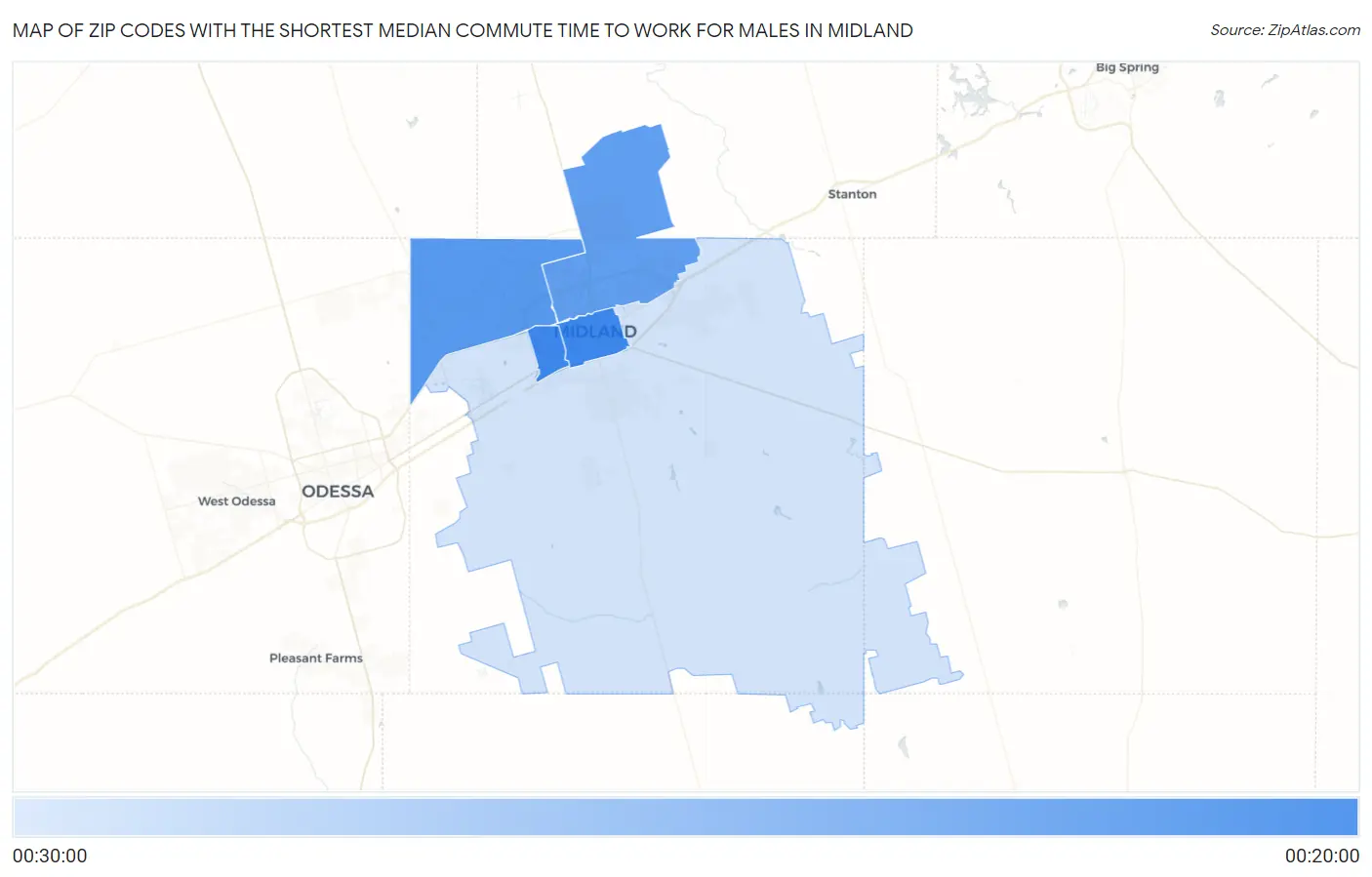 Zip Codes with the Shortest Median Commute Time to Work for Males in Midland Map