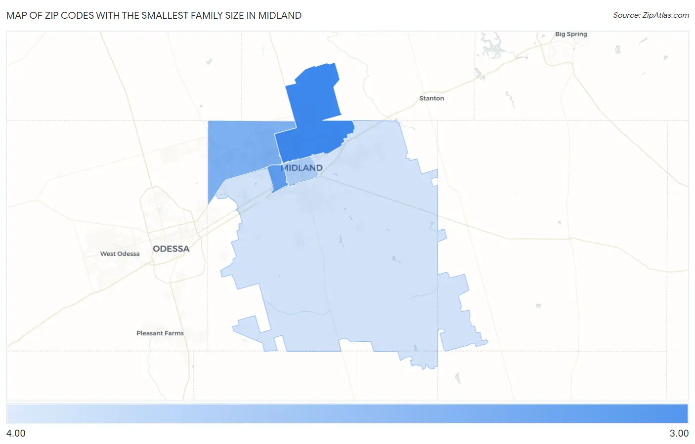 Zip Codes with the Smallest Family Size in Midland Map