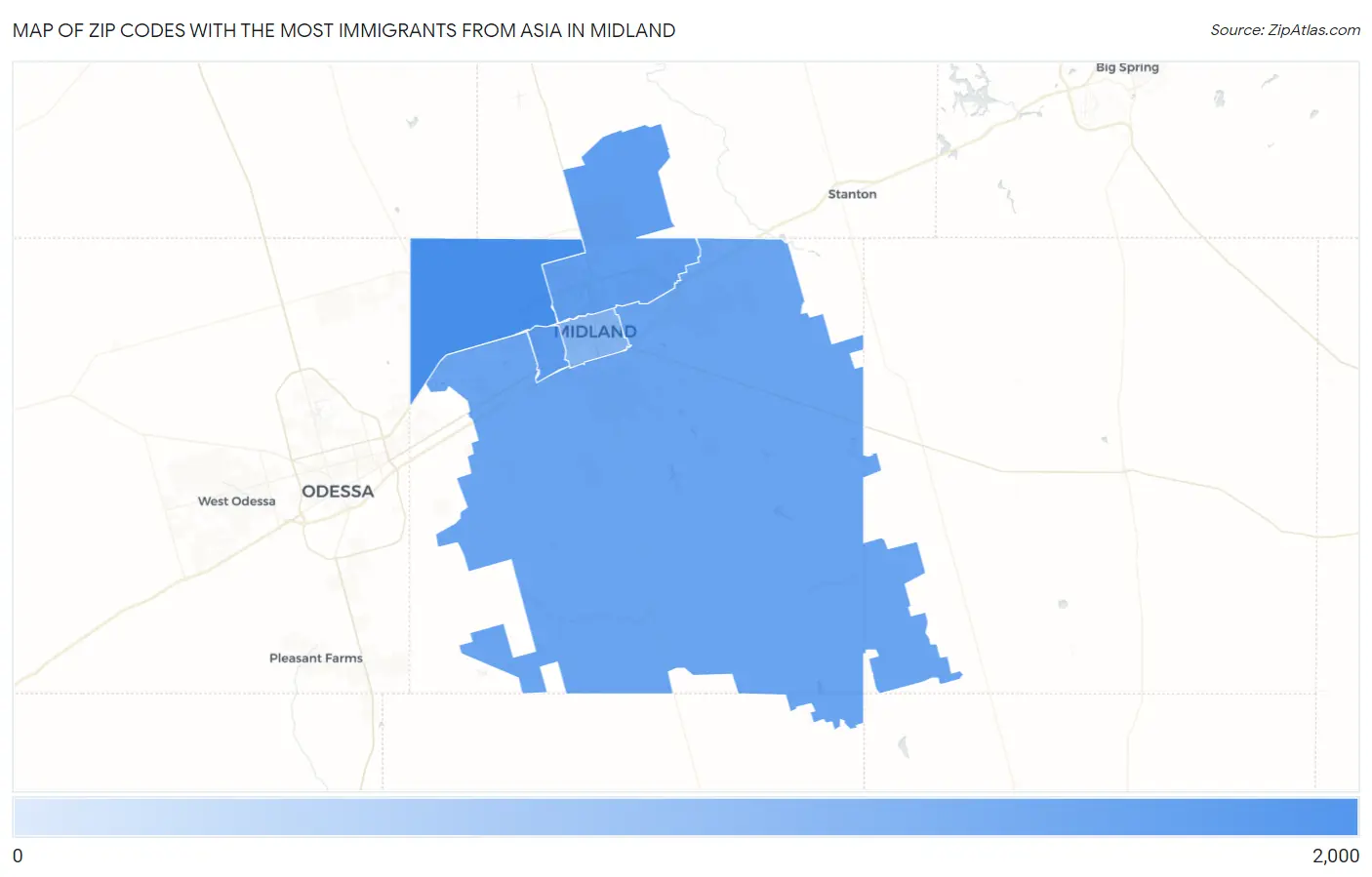 Zip Codes with the Most Immigrants from Asia in Midland Map