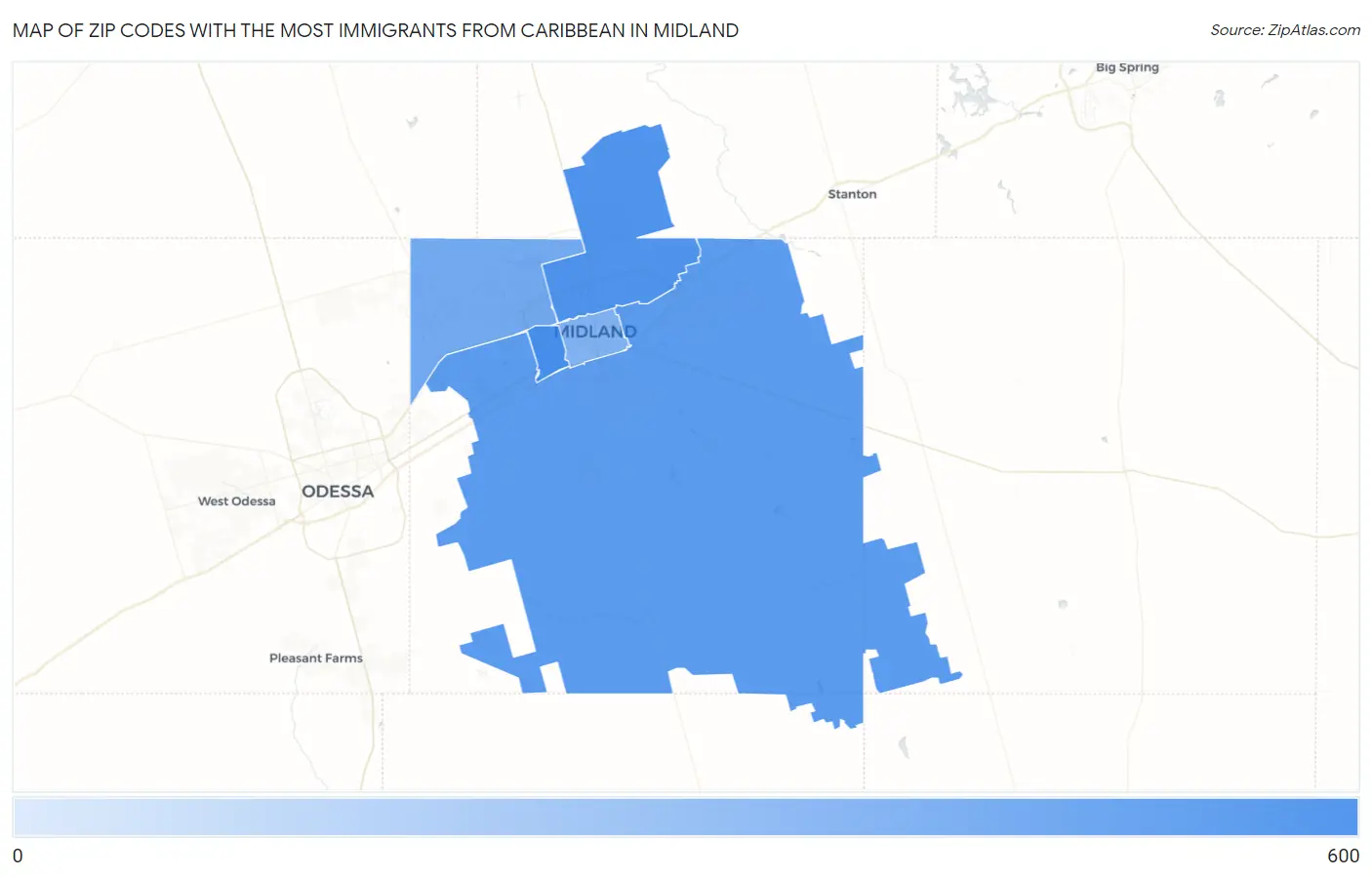 Zip Codes with the Most Immigrants from Caribbean in Midland Map